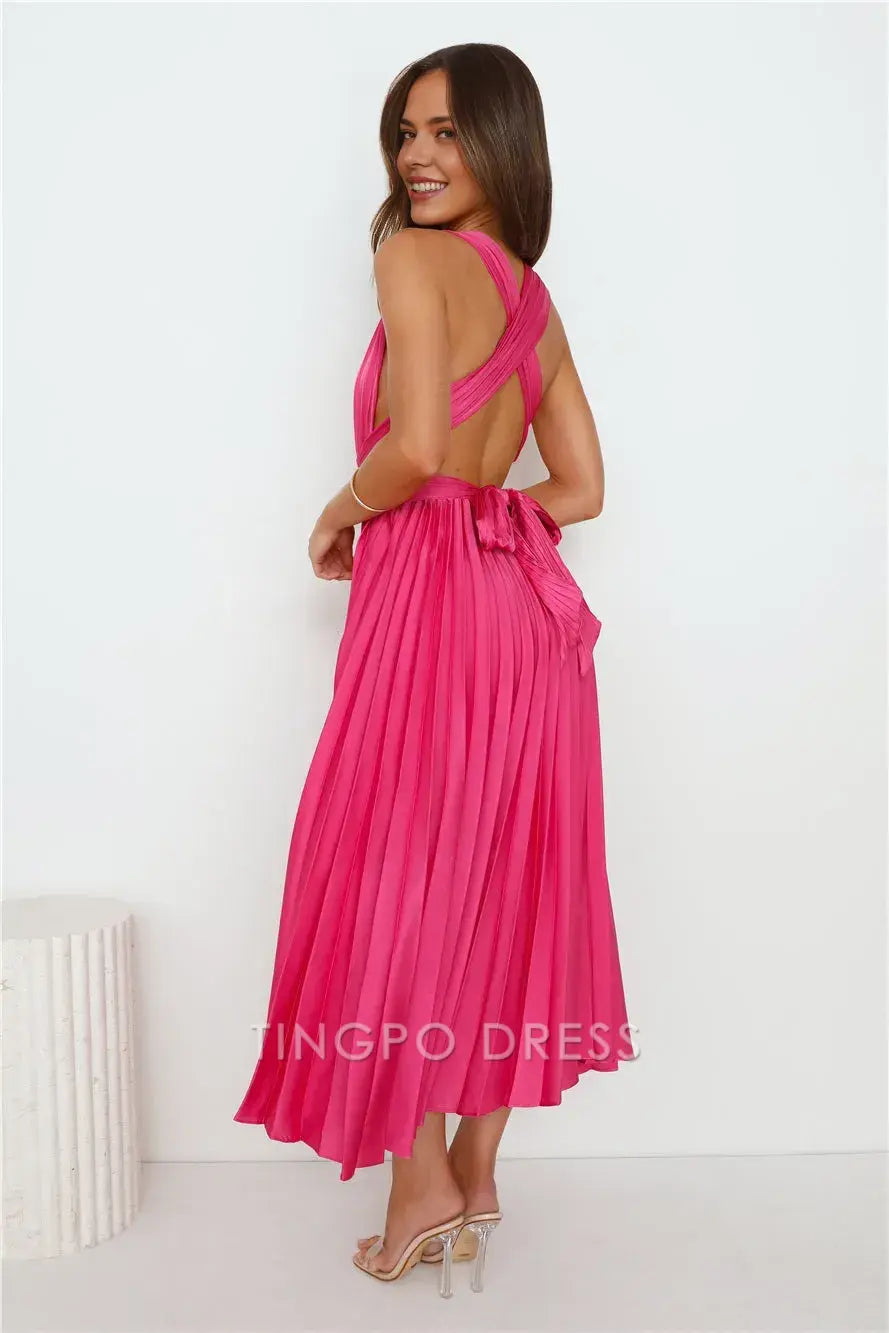 Vintage A-Line V Neck Sleeveless Lace Up Tea-Length prom dress